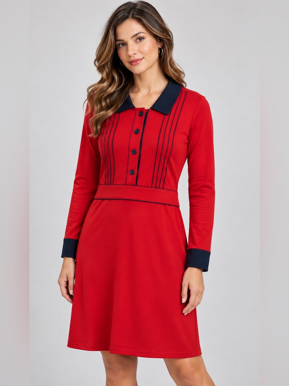 Zapelle Navy Blue & Red Collared Knit Knee Length Dress Long Sleeve Career Sz 12